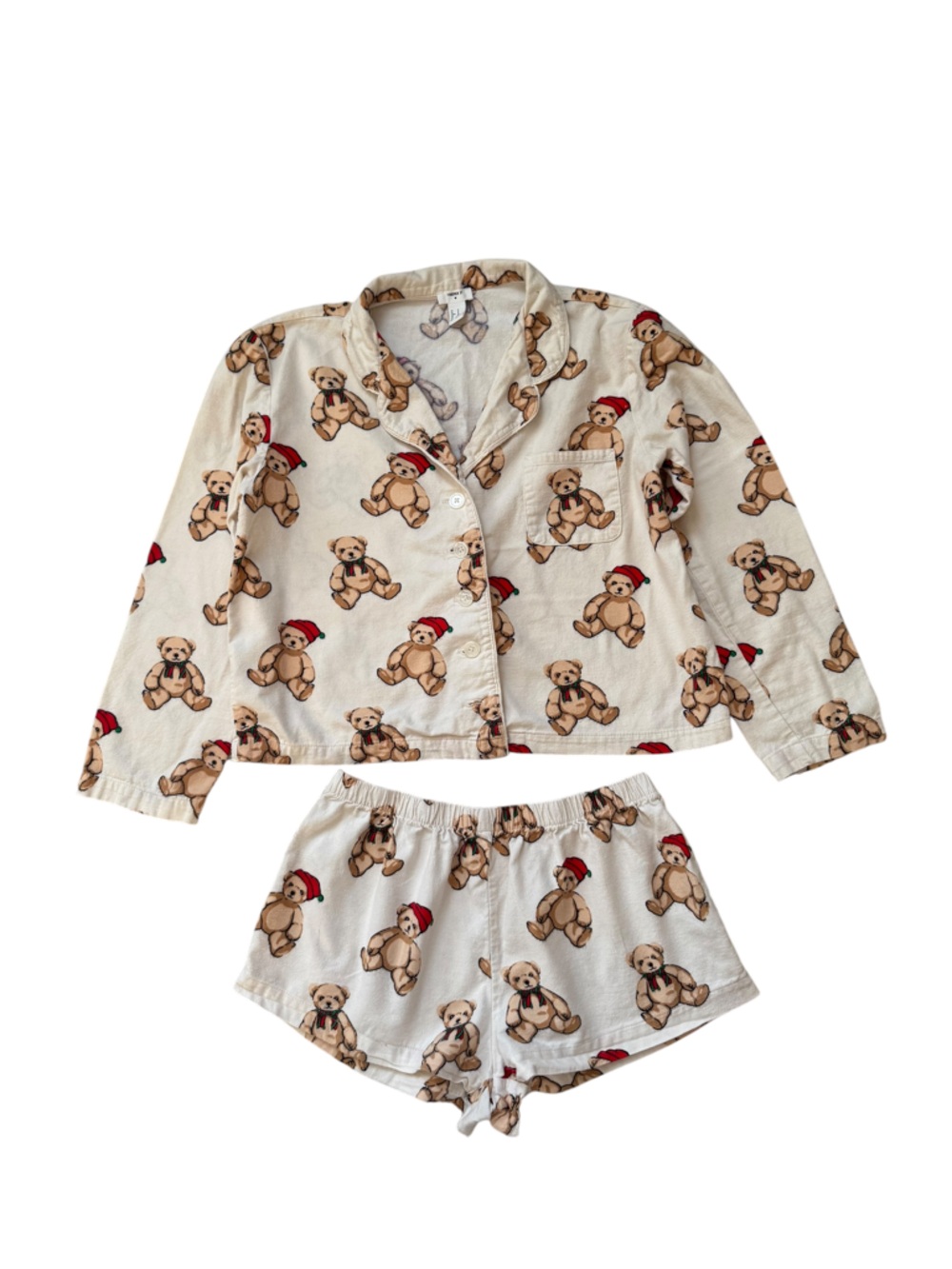 Forever 21 Cream Teddy Bear Print Pajama Set with Red Accents